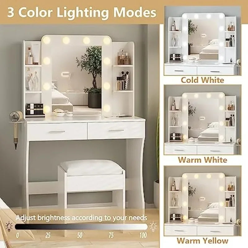 Makeup Vanity with Power Strip,Dressing Table Set with 2 Large Drawers,Vanity Mirror 3 Lighting Color Adjustable,White