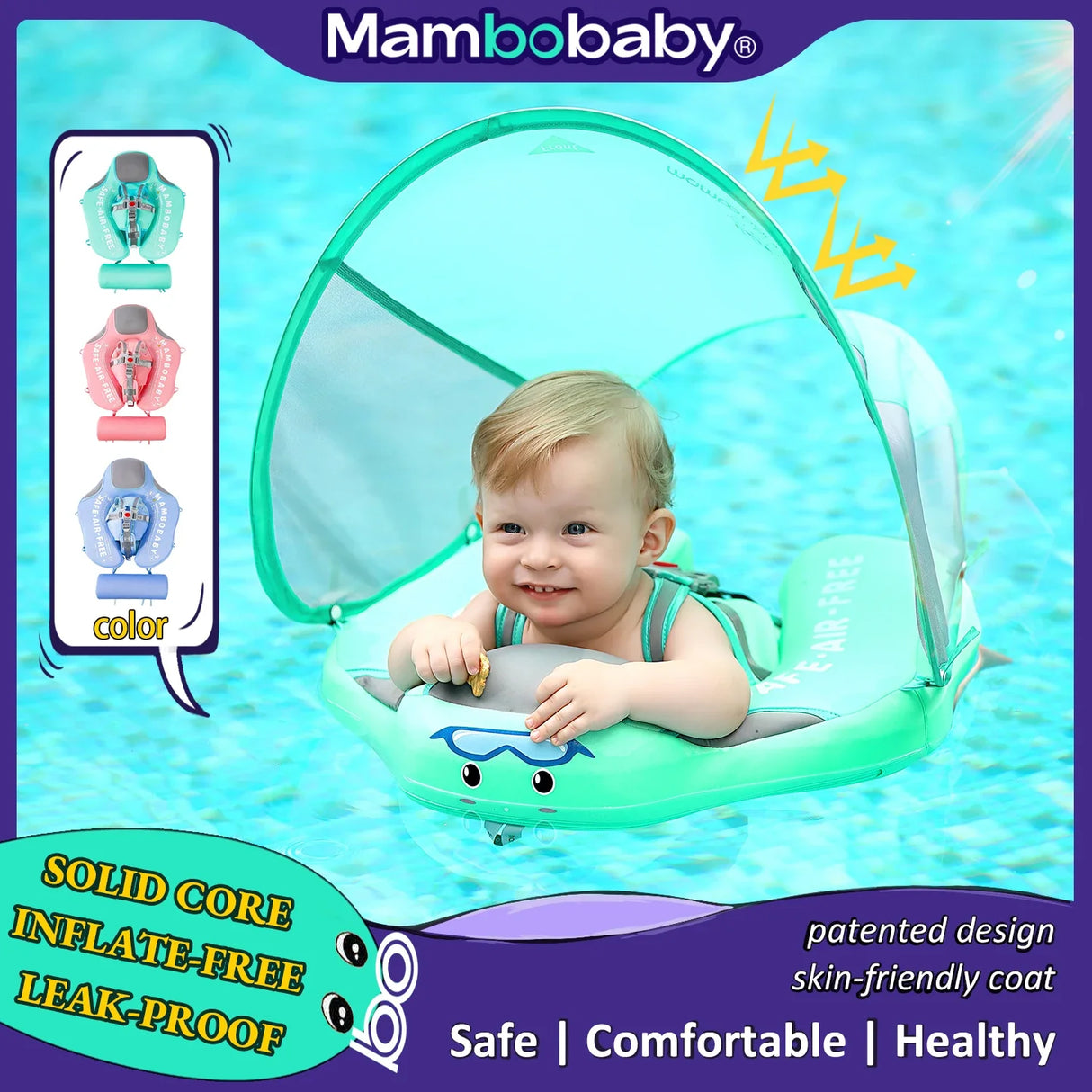 Mambobaby Baby Float with Canopy Crotch Strap Inflatable-free Solid Core Kid Swimming Pool Accessory Toddler Water Toy Bathroom