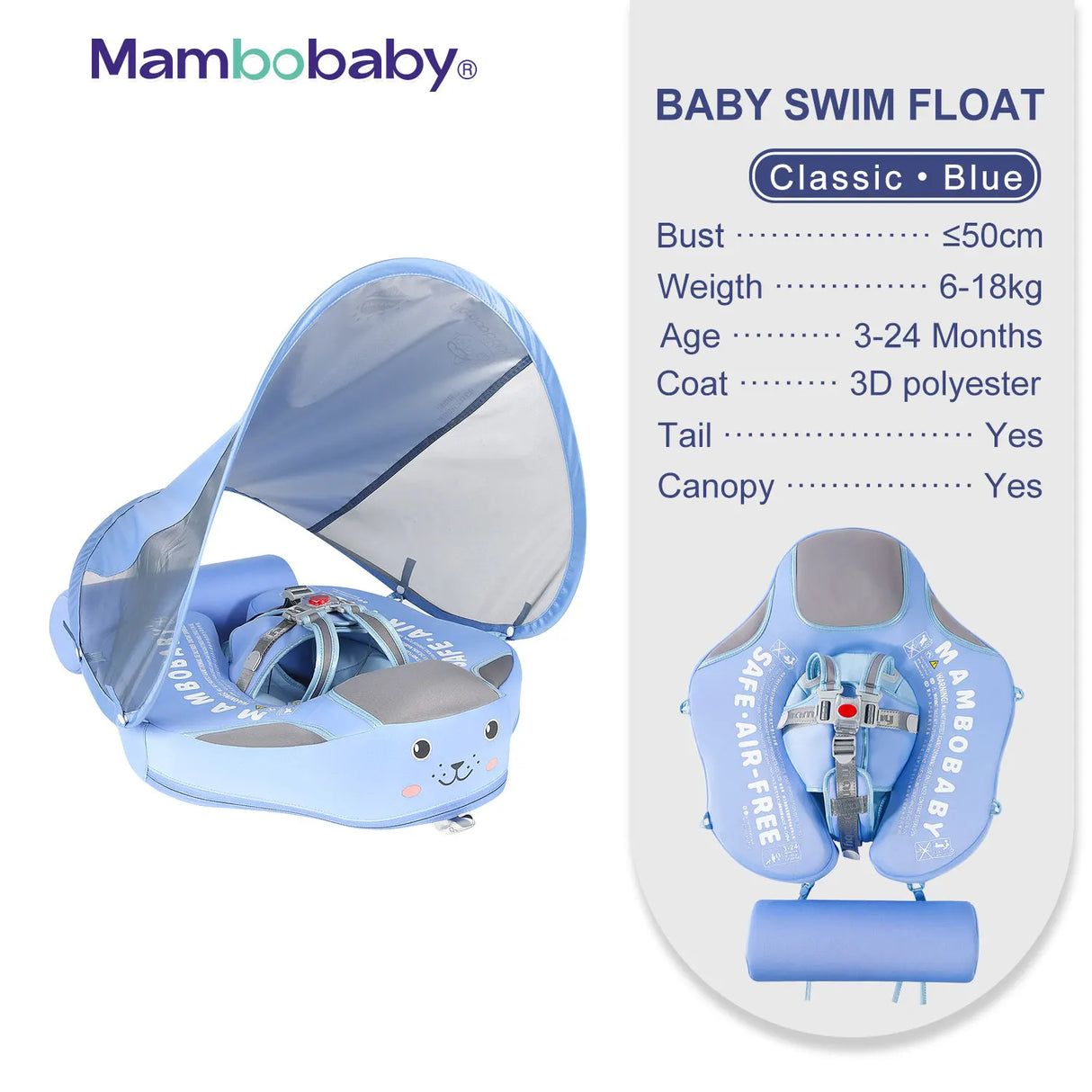 Mambobaby Baby Float with Canopy Crotch Strap Inflatable-free Solid Core Kid Swimming Pool Accessory Toddler Water Toy Bathroom