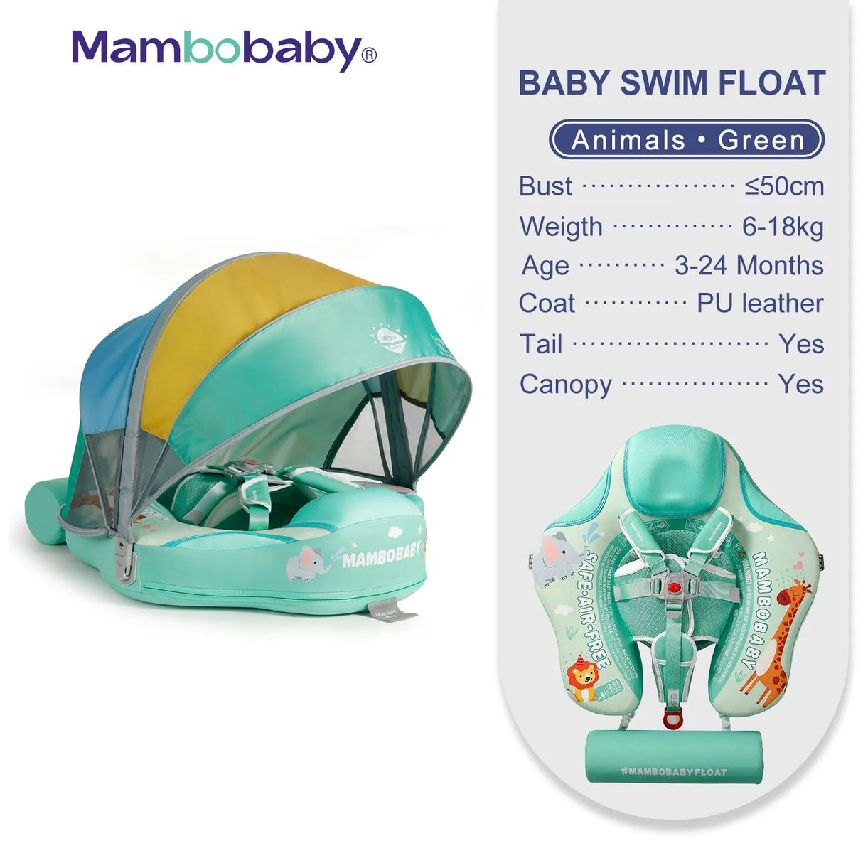 Mambobaby Baby Float with Canopy Crotch Strap Inflatable-free Solid Core Kid Swimming Pool Accessory Toddler Water Toy Bathroom