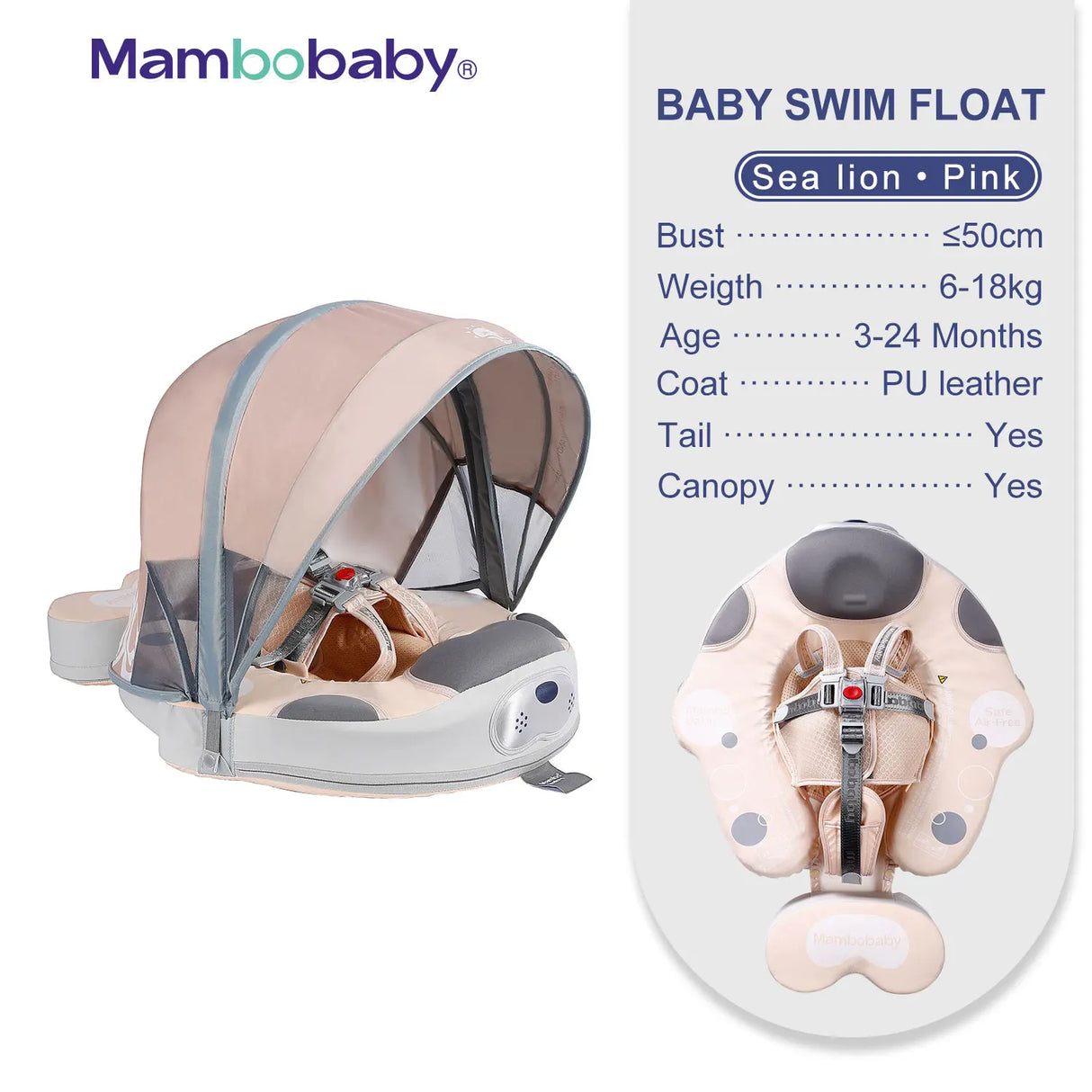 Mambobaby Baby Float with Canopy Crotch Strap Inflatable-free Solid Core Kid Swimming Pool Accessory Toddler Water Toy Bathroom