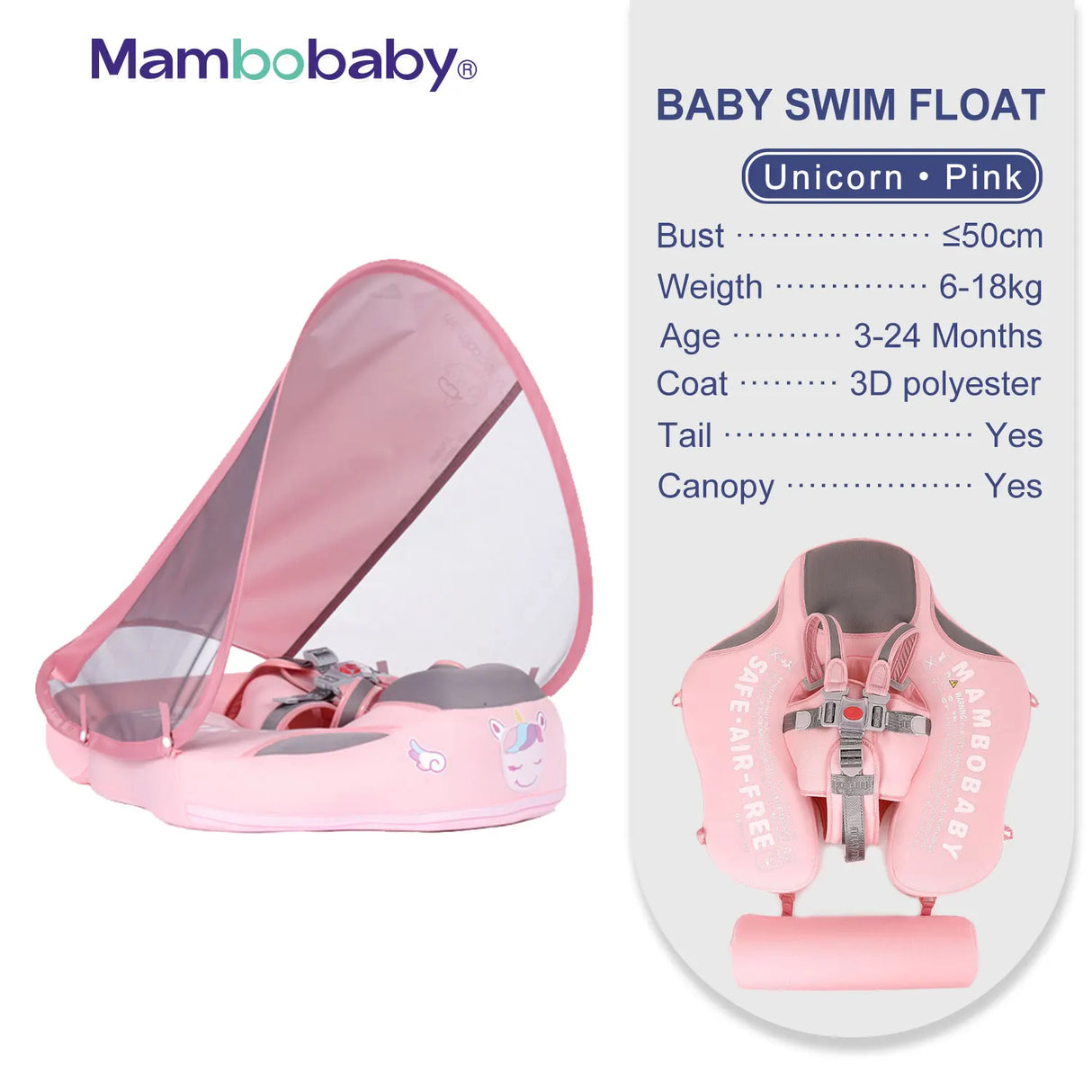 Mambobaby Baby Float with Canopy Crotch Strap Inflatable-free Solid Core Kid Swimming Pool Accessory Toddler Water Toy Bathroom