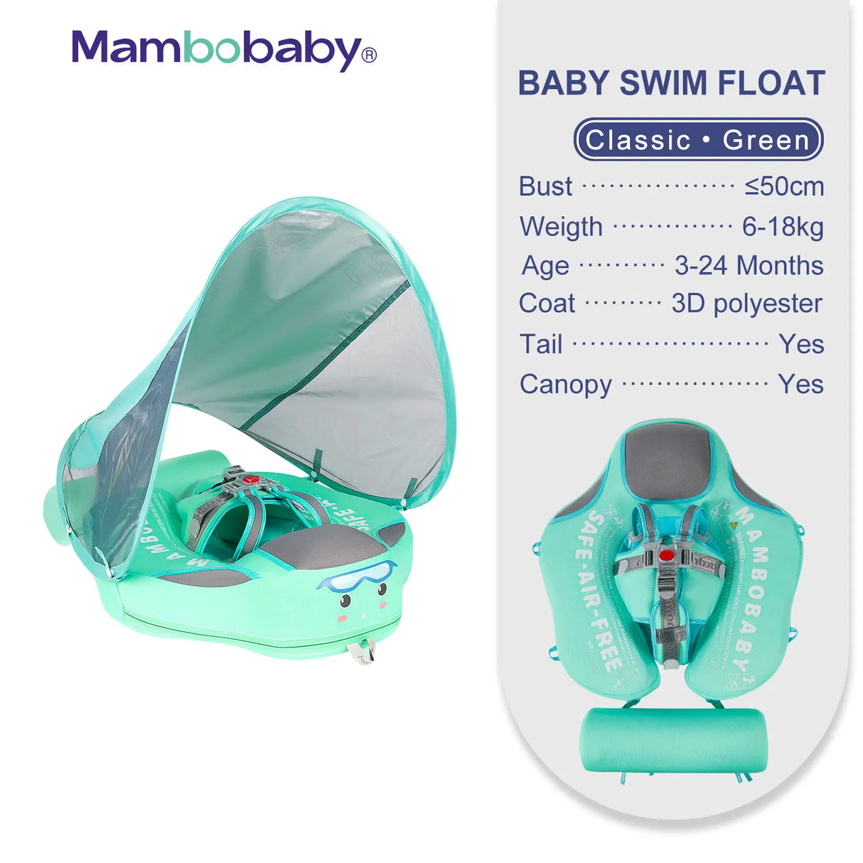 Mambobaby Baby Float with Canopy Crotch Strap Inflatable-free Solid Core Kid Swimming Pool Accessory Toddler Water Toy Bathroom