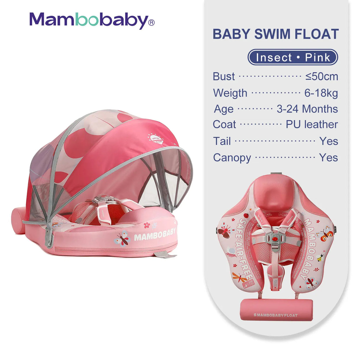 Mambobaby Baby Float with Canopy Crotch Strap Inflatable-free Solid Core Kid Swimming Pool Accessory Toddler Water Toy Bathroom