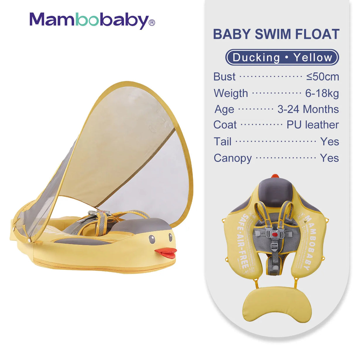 Mambobaby Baby Float with Canopy Crotch Strap Inflatable-free Solid Core Kid Swimming Pool Accessory Toddler Water Toy Bathroom