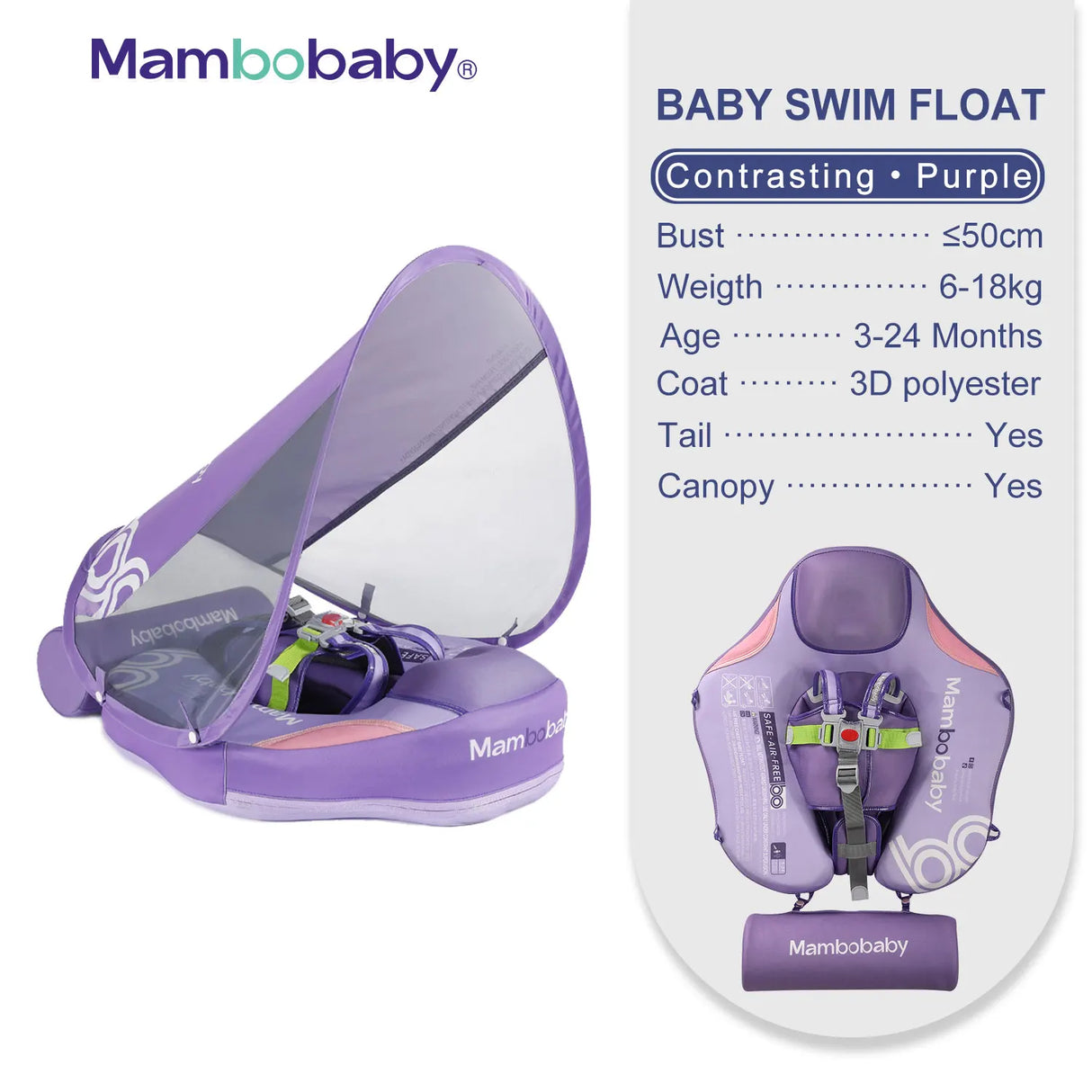 Mambobaby Baby Float with Canopy Crotch Strap Inflatable-free Solid Core Kid Swimming Pool Accessory Toddler Water Toy Bathroom