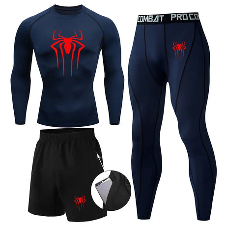 Men 3Pc Set Winter Thermal Underwear Compression Sports Suit Long Johns Clothes Running Tracksuit Wear Exercise Workout Tights