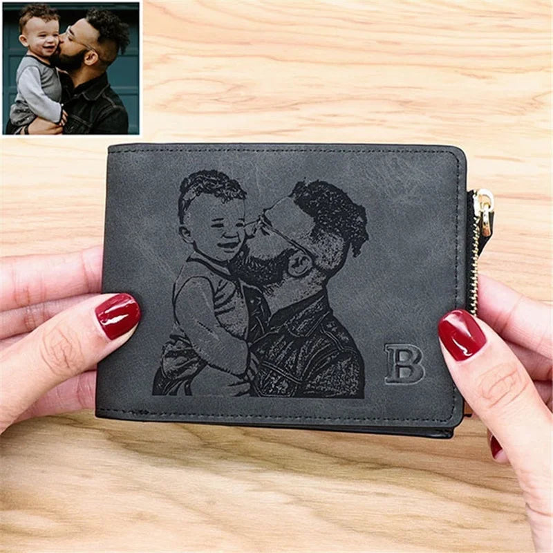 Men PU Leather Wallet Short Small Coin Card Purse Engraved Custom Picture Photo Text Wallets Personalized Gift for Men Dad Day