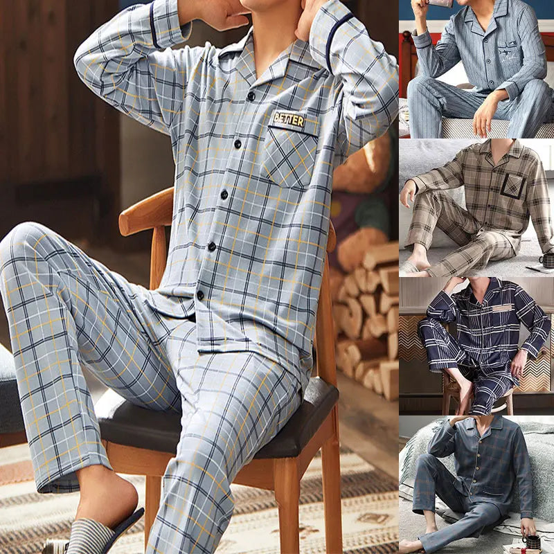 Men’S Thermal Pajamas Sets With Buttons Casual Long Sleeve Long Pants Housewear Suit Winter Autumn Checkered Pattern Sleepwear