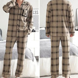 Men’S Thermal Pajamas Sets With Buttons Casual Long Sleeve Long Pants Housewear Suit Winter Autumn Checkered Pattern Sleepwear