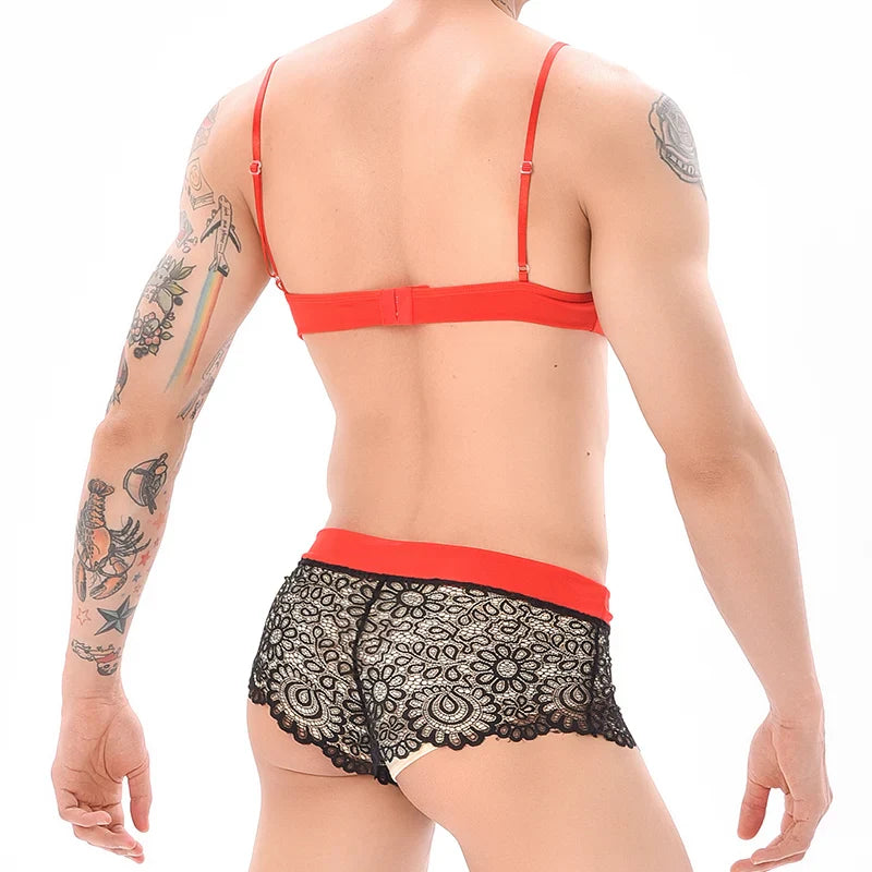 Men Sexy Crossdressing Erotic Sissy Lingerie See Through Mesh Lace Gay Underwear Male Bra Top Transparent Boxers Fetish Customs