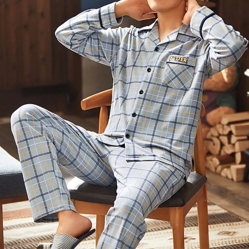 Men Sleepwear Striped Cotton Pajama Sets for Men Short Sleeve Long Pants Sleepwear Pyjama Male Homewear Lounge Wear Clothes