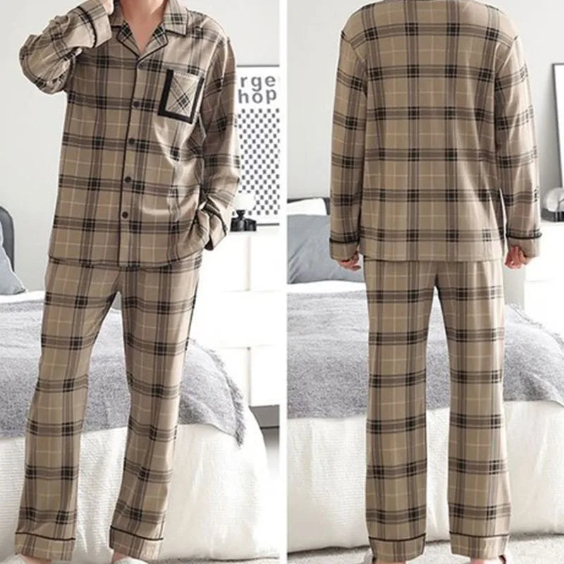 Men Sleepwear Striped Cotton Pajama Sets for Men Short Sleeve Long Pants Sleepwear Pyjama Male Homewear Lounge Wear Clothes