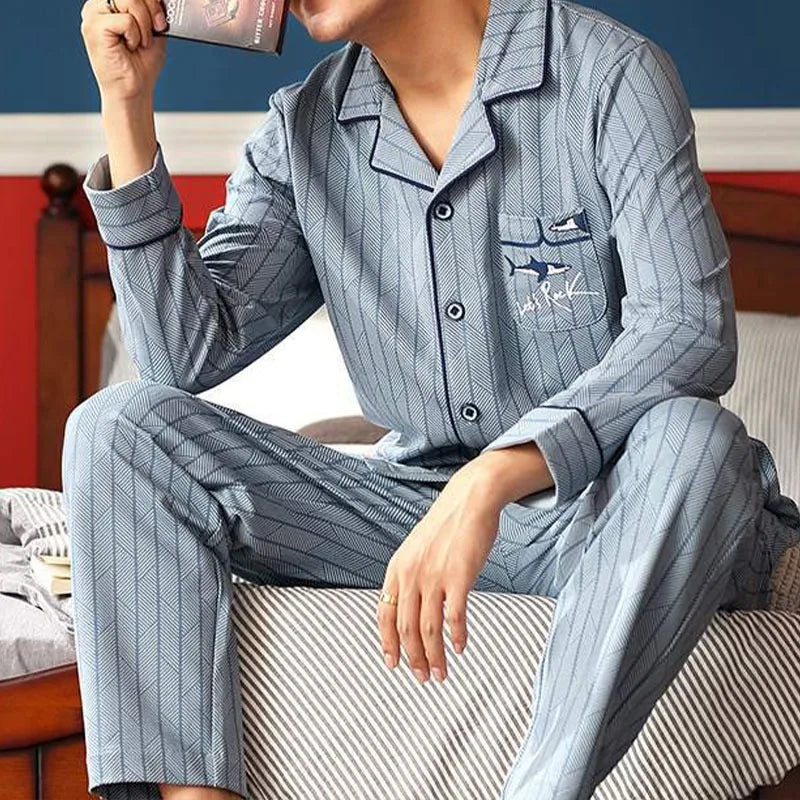 Men Sleepwear Striped Cotton Pajama Sets for Men Short Sleeve Long Pants Sleepwear Pyjama Male Homewear Lounge Wear Clothes