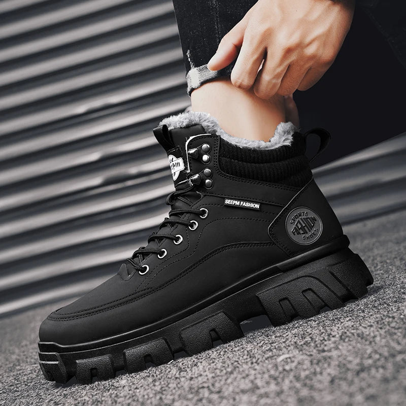 Men Tactical Winter Boots Mens Casual Ankle Winter Shoes High Top Platform Leather Outdoor Work Safety Sneakers Chelsea Cowboy