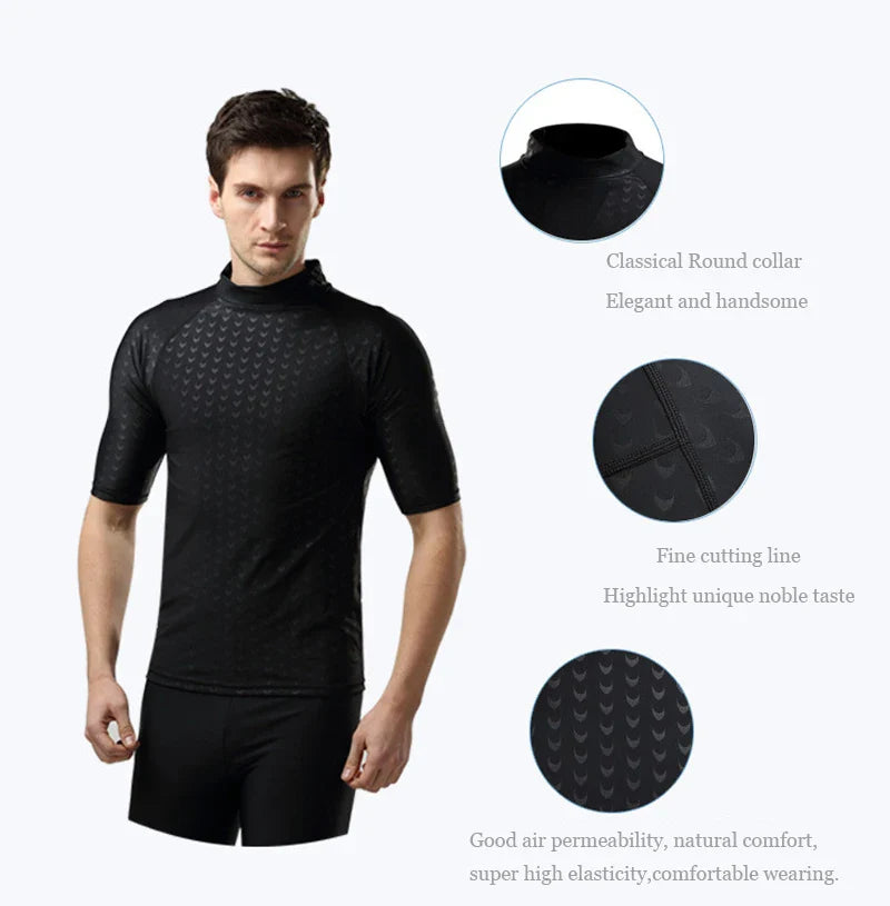 Men Teens Short Sleeve Sharkskin Swimsuit Set Swimming Shirt+Shorts Surfing Diving Beach Quick-Drying Tight Swimwear