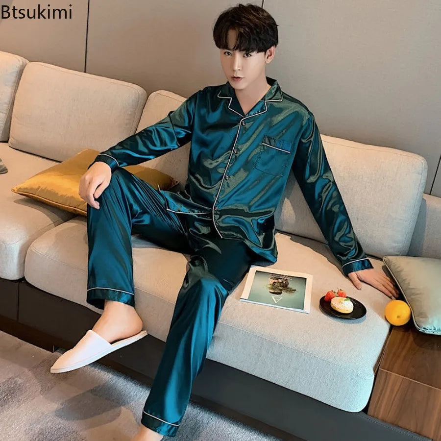 Men's Casual Pajamas Sets Oversized Silk Mens Pajama Pants Sets Satin Long Sleeve Sleepwear Home Pijama Night Wear Loungewear