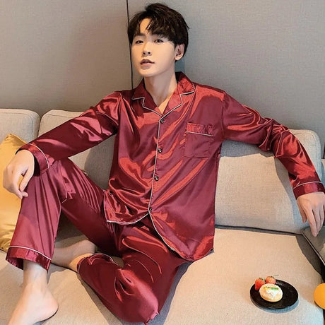 Men's Casual Pajamas Sets Oversized Silk Mens Pajama Pants Sets Satin Long Sleeve Sleepwear Home Pijama Night Wear Loungewear