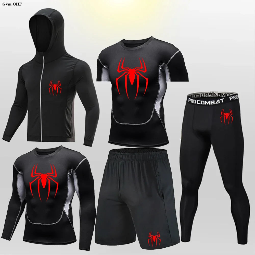 Men's Compression Sportswear Tights T-Shirt Mens Super Hero Clothes Thermal Underwear Men Running Sets Spider Print Clothing Man