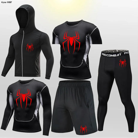 Men's Compression Sportswear Tights T-Shirt Mens Super Hero Clothes Thermal Underwear Men Running Sets Spider Print Clothing Man