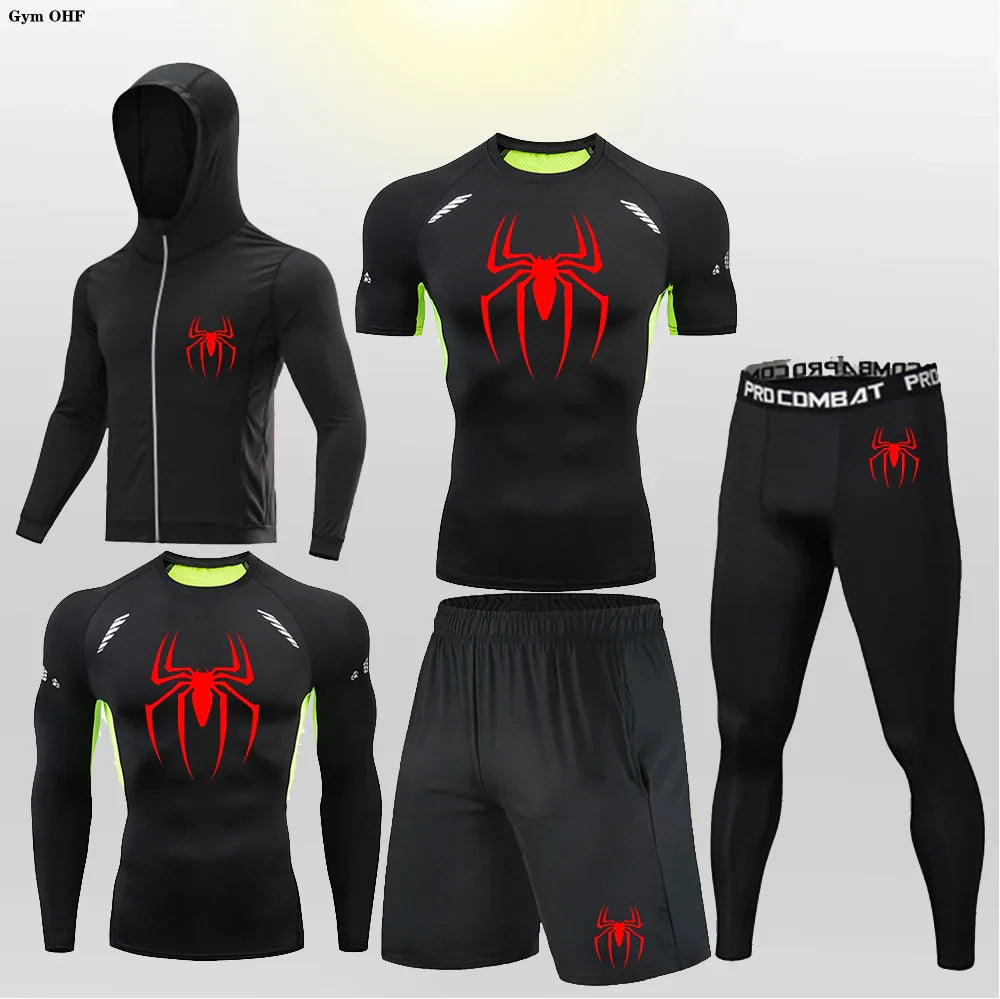 Men's Compression Sportswear Tights T-Shirt Mens Super Hero Clothes Thermal Underwear Men Running Sets Spider Print Clothing Man