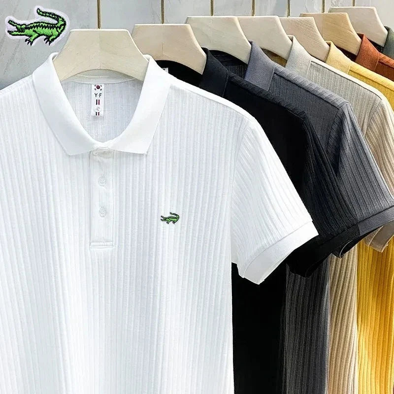 Men's Embroidery Brand Knitted Stripe Ice Polo Shirt Korean Version High End Spring/Summer Business Casual Short Sleeve T-shirt