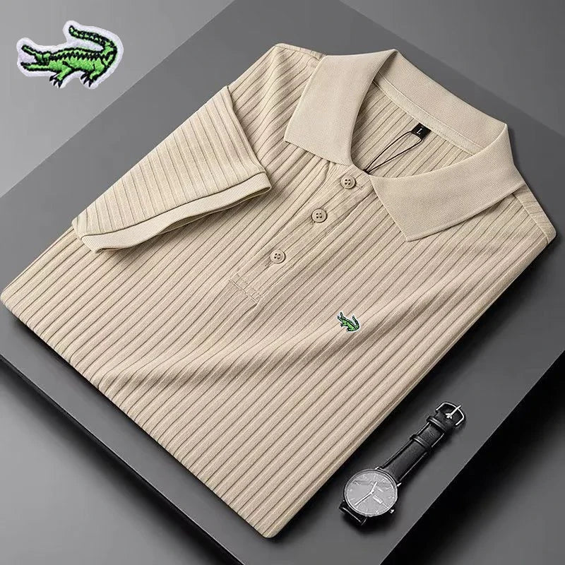 Men's Embroidery Brand Knitted Stripe Ice Polo Shirt Korean Version High End Spring/Summer Business Casual Short Sleeve T-shirt