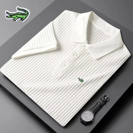 Men's Embroidery Brand Knitted Stripe Ice Polo Shirt Korean Version High End Spring/Summer Business Casual Short Sleeve T-shirt