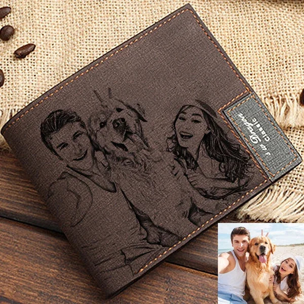 Men's Engraved Photo Wallet PU Leather Short Wallet Slim Purse for Men Custom Personalized Gifts for Husband Boyfriend Wedding