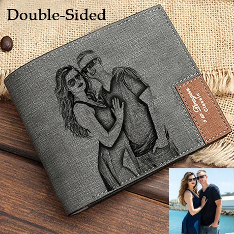 Men's Engraved Photo Wallet PU Leather Short Wallet Slim Purse for Men Custom Personalized Gifts for Husband Boyfriend Wedding