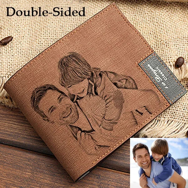 Men's Engraved Photo Wallet PU Leather Short Wallet Slim Purse for Men Custom Personalized Gifts for Husband Boyfriend Wedding