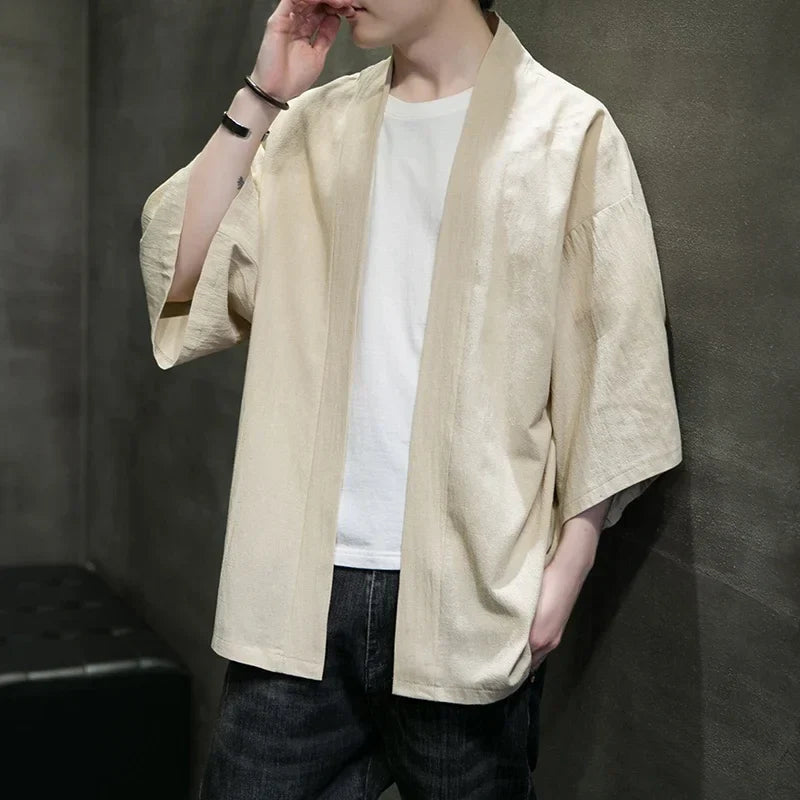 Men's Kimono Cardigan Japanese Jackets Casual Cotton Open Front Lightweight Linen Yukata