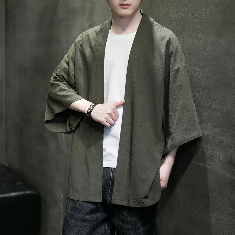 Men's Kimono Cardigan Japanese Jackets Casual Cotton Open Front Lightweight Linen Yukata