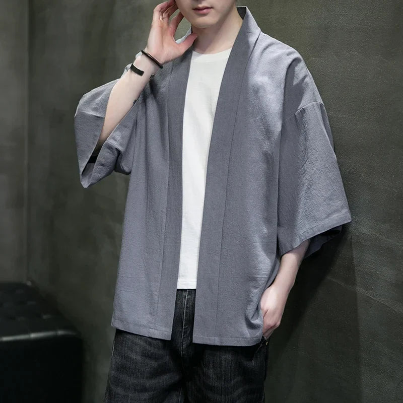 Men's Kimono Cardigan Japanese Jackets Casual Cotton Open Front Lightweight Linen Yukata