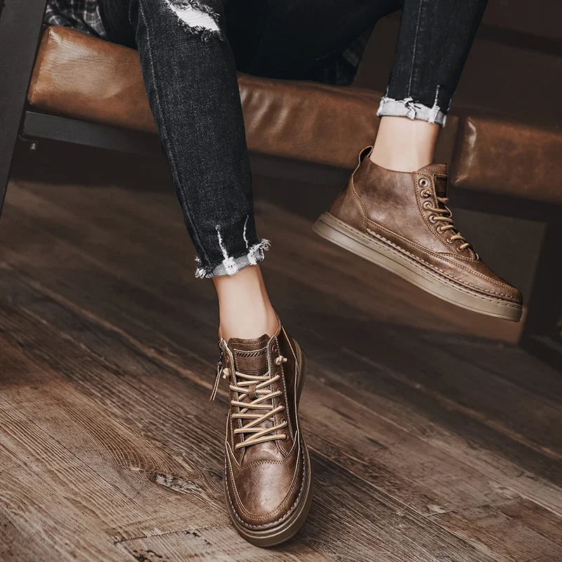 Men's Leather Boots 2023 Winter Platform Warm Fur  Ankle Boots Short Lace Up Fashion New Casual Shoes for Men Working Botas