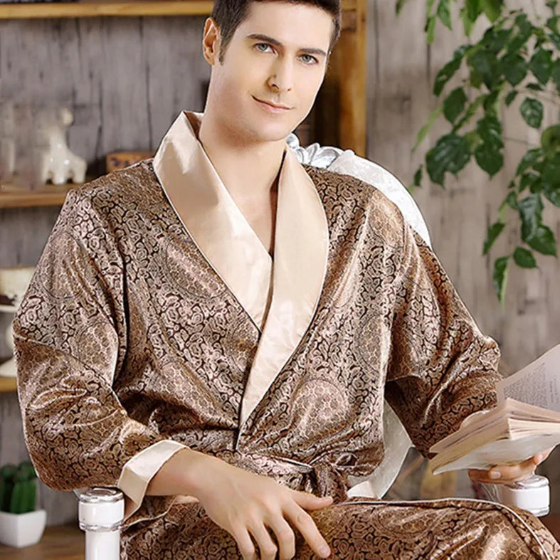 Men's Robe Nightgown Satin Kimono Bathrobe Gown Casual Sleepwear Plus Size Print Gold Home Dressing Gown 3XL 4XL 5XL