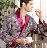 Men's Robe Nightgown Satin Kimono Bathrobe Gown Casual Sleepwear Plus Size Print Gold Home Dressing Gown 3XL 4XL 5XL