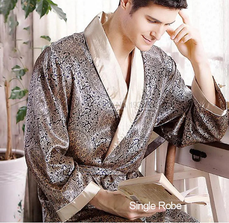 Men's Robe Nightgown Satin Kimono Bathrobe Gown Casual Sleepwear Plus Size Print Gold Home Dressing Gown 3XL 4XL 5XL