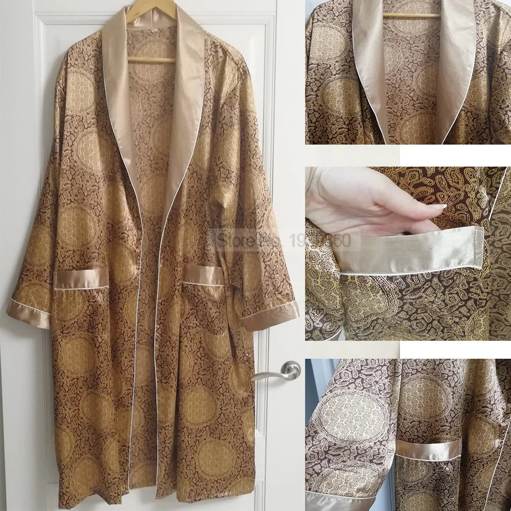 Men's Robe Nightgown Satin Kimono Bathrobe Gown Casual Sleepwear Plus Size Print Gold Home Dressing Gown 3XL 4XL 5XL