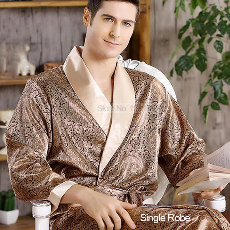 Men's Robe Nightgown Satin Kimono Bathrobe Gown Casual Sleepwear Plus Size Print Gold Home Dressing Gown 3XL 4XL 5XL