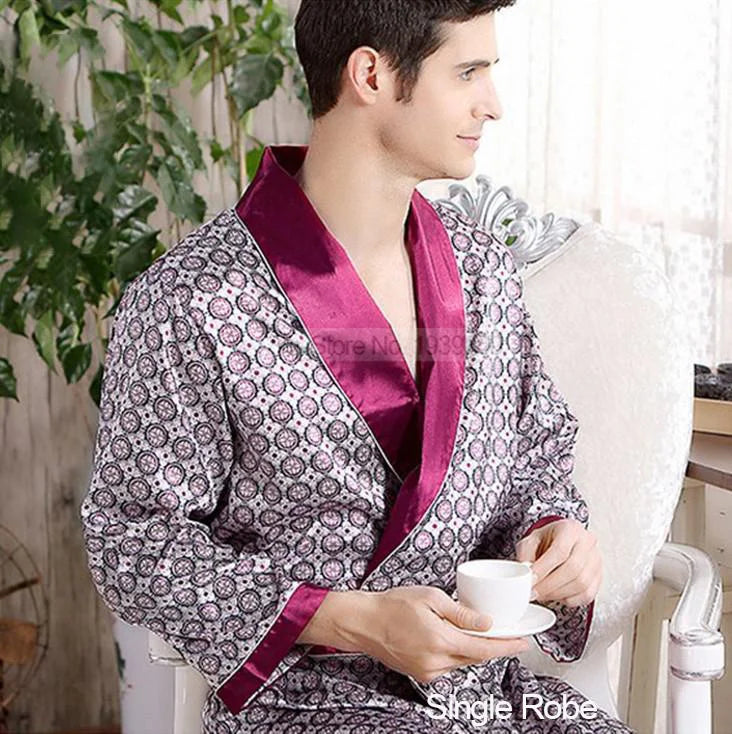 Men's Robe Nightgown Satin Kimono Bathrobe Gown Casual Sleepwear Plus Size Print Gold Home Dressing Gown 3XL 4XL 5XL