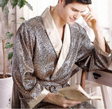 Men's Robe Nightgown Satin Kimono Bathrobe Gown Casual Sleepwear Plus Size Print Gold Home Dressing Gown 3XL 4XL 5XL