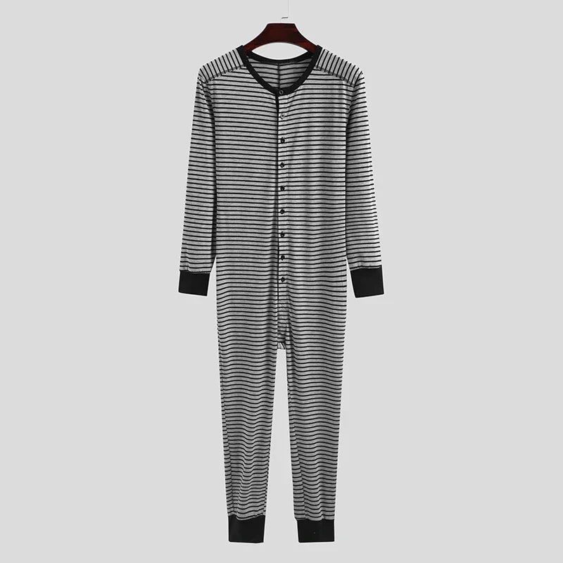 Men's Striped Pajamas O-Neck Long Sleeve Romper Home Wear Cozy Leisure Sleepwear S-3XL 2023