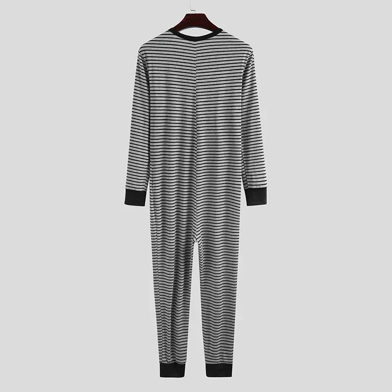 Men's Striped Pajamas O-Neck Long Sleeve Romper Home Wear Cozy Leisure Sleepwear S-3XL 2023