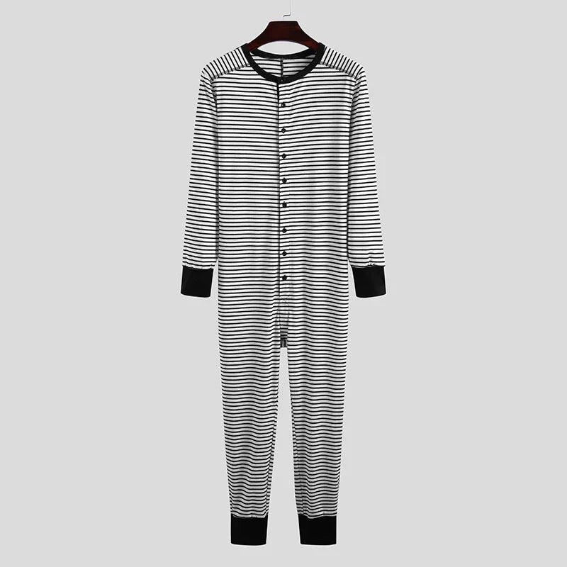 Men's Striped Pajamas O-Neck Long Sleeve Romper Home Wear Cozy Leisure Sleepwear S-3XL 2023