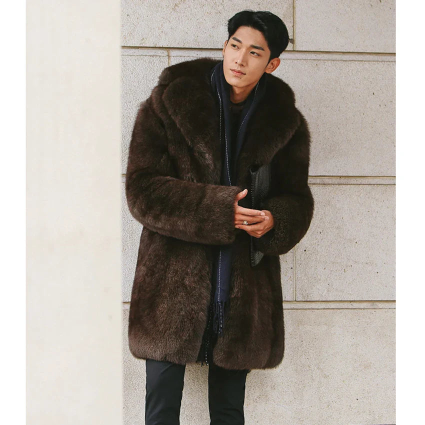 Men's fur coats mimic fox long trench coats mink skin warm casual jacket