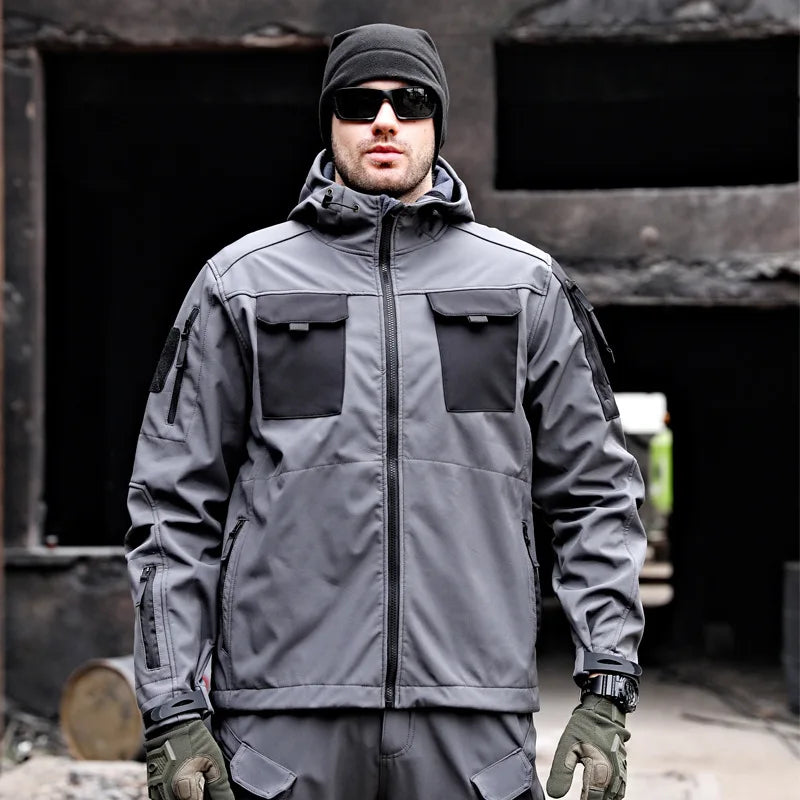 Mens Shark Skin Tactical Hooded Jackets Waterproof Fleece Soft Shell Multi-pockets Wear-resisting Jacket Outdoor Combat Coats