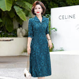 Middle-Aged And Elderly Female Autumn  Jacquard Flower lapel Neck Dress Long Sleeve Long Mother Dress Plus Size