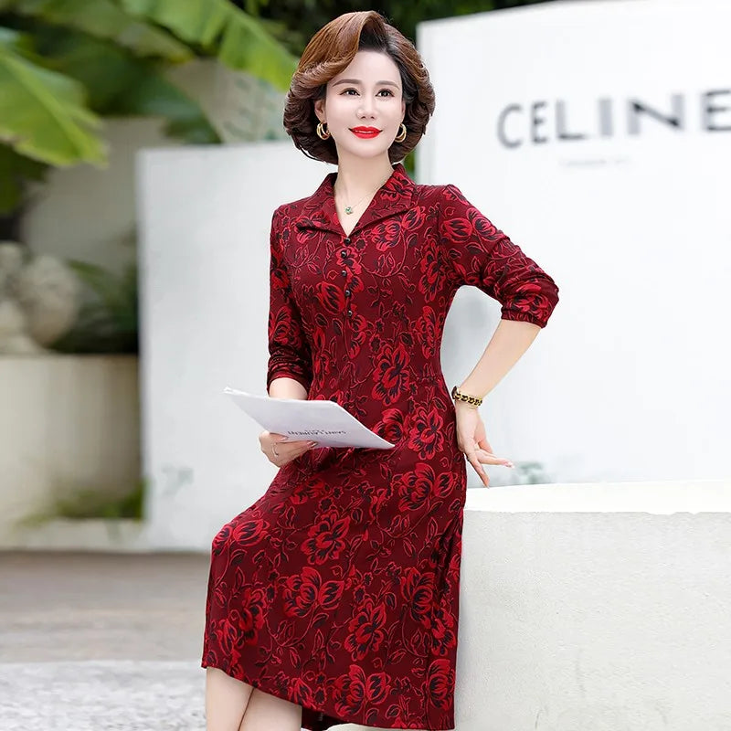 Middle-Aged And Elderly Female Autumn  Jacquard Flower lapel Neck Dress Long Sleeve Long Mother Dress Plus Size