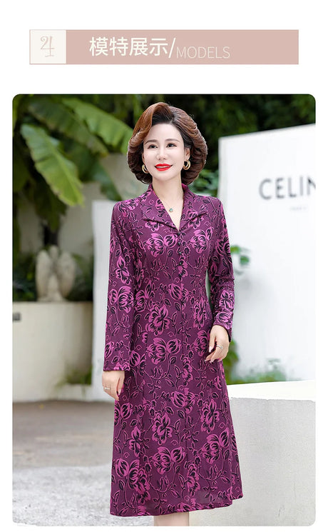 Middle-Aged And Elderly Female Autumn  Jacquard Flower lapel Neck Dress Long Sleeve Long Mother Dress Plus Size